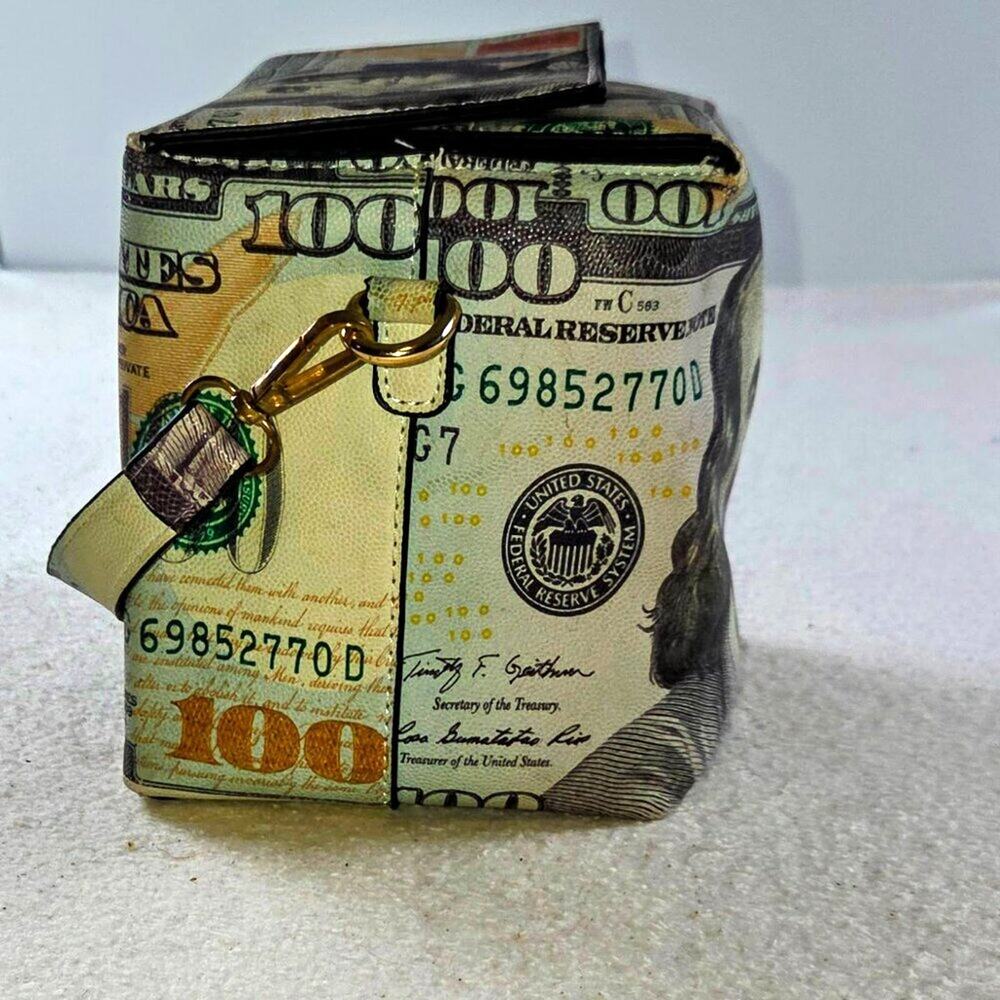 $100 Bill Money Print Box Purse Bag Novelty Cube Handbag Benjamin Fran - Picture 4 of 8